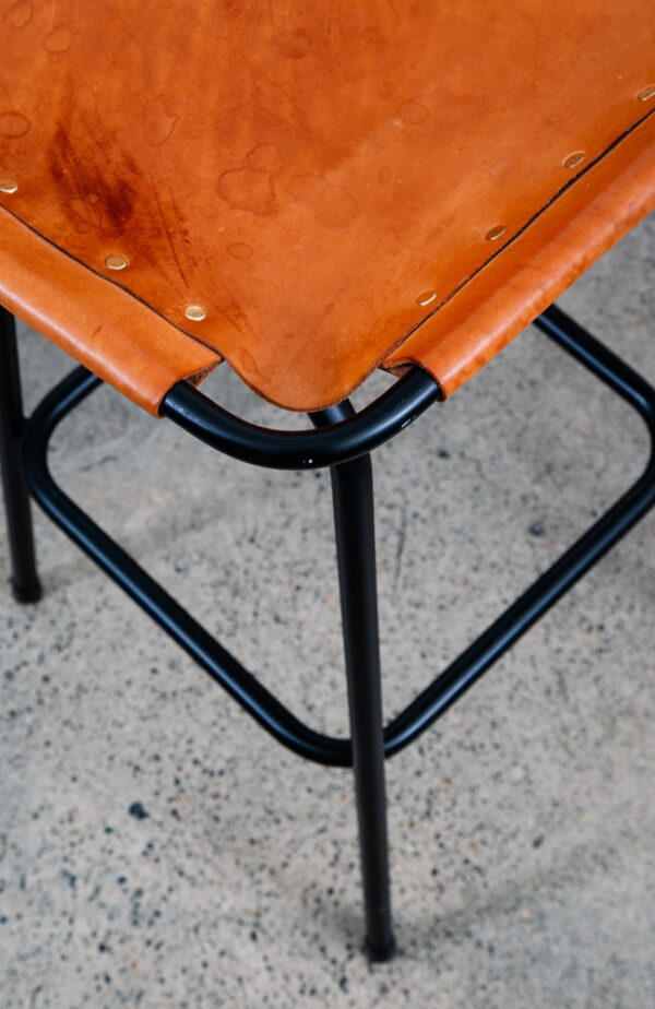 Mid Century Modern Bar Stools Set 3 Cognac Tan Leather Charlotte Perriand Arcs - Image 11