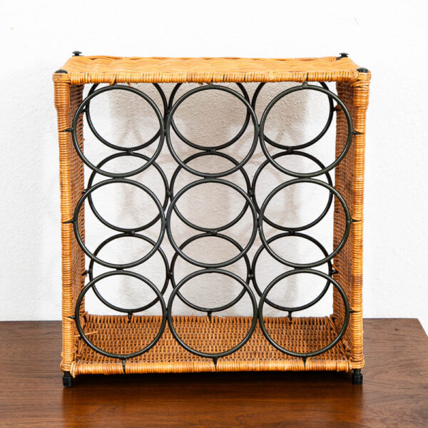 Mid Century Modern Wine Rack 9 Bottles Wicker Metal Iron Black Vintage Mcm 70s - Image 3