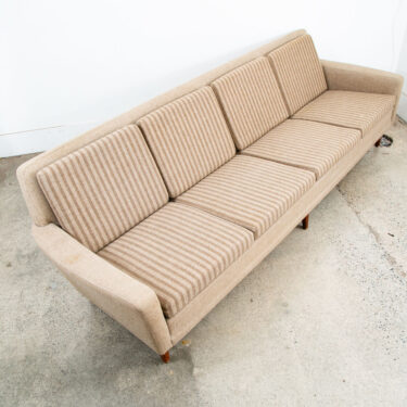 Mid Century Danish Modern Sofa Couch Striped Solid Teak Wool Tweed Tan 4 Seater