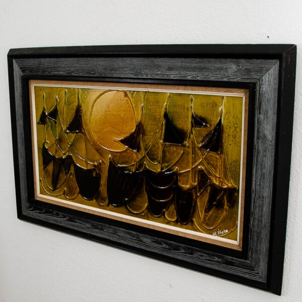 Mid Century Modern Painting Art Abstract Expressionism Gold Green Brown with Black Frame Mcm - Image 6