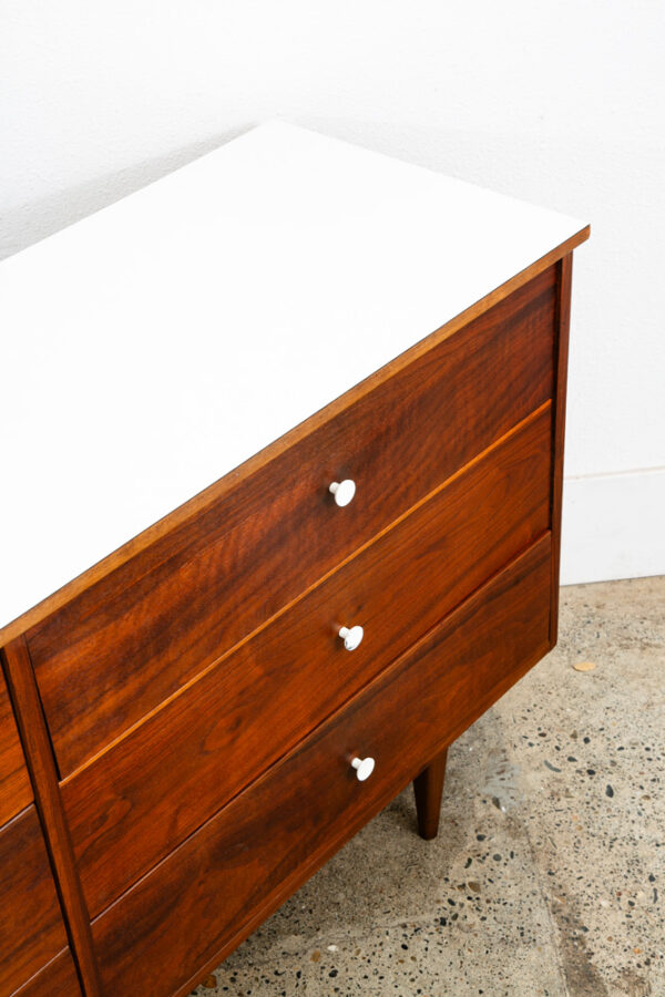 Mid Century Modern Dresser Credenza 6 Drawer Walnut American White Trim Vintage - Image 9