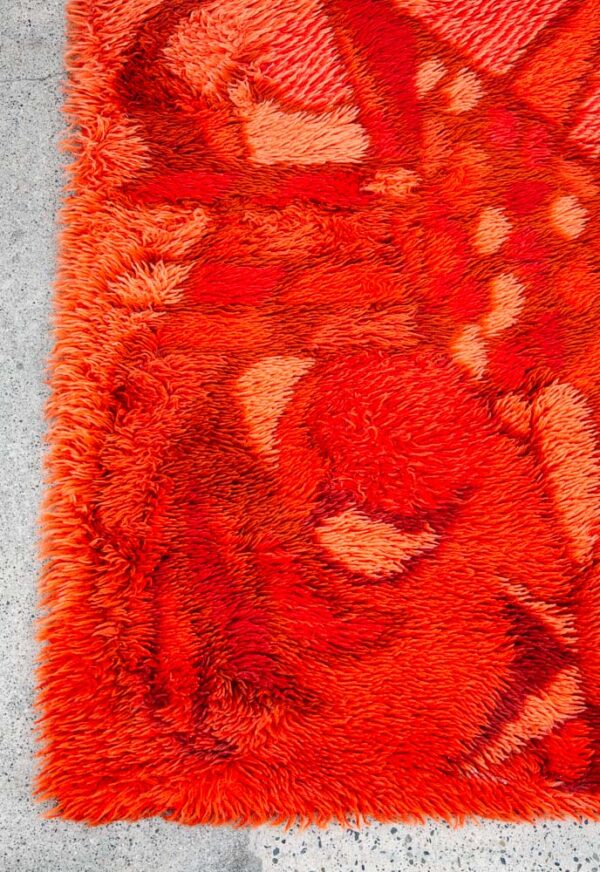 Mid Century Modern Shag Rug Ege Rya Abstract Red Orange Rooster 51x34 Wool - Image 5
