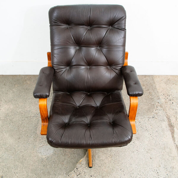 Mid Century Danish Modern Lounge Chair Dark Brown Leather Swivel Tufted Armchair - Image 8