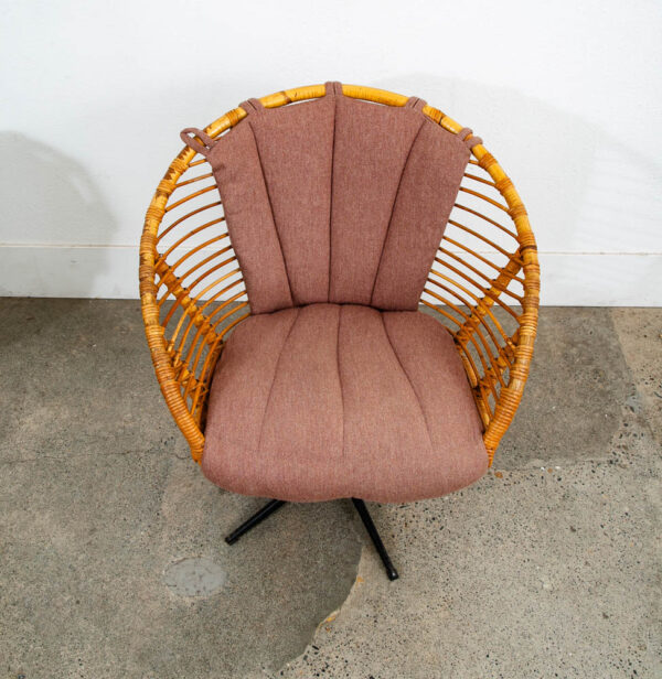 Mid Century Modern Lounge Chair Set Black Swivel Rattan Pink Rose Fabric Denmark - Image 7