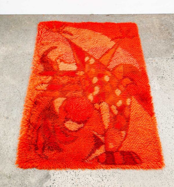 Mid Century Modern Shag Rug Ege Rya Abstract Red Orange Rooster 51x34 Wool - Image 10