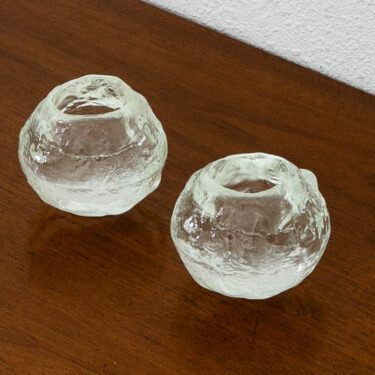 Mid Century Modern Kosta Boda Snowball Candleholders Pair Clear Art Glass Round