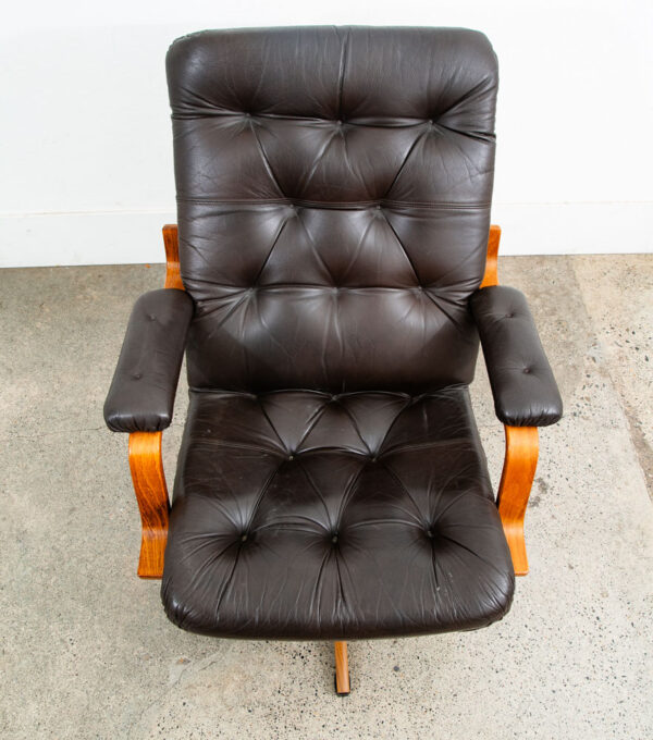 Mid Century Danish Modern Lounge Chair Dark Brown Leather Swivel Tufted Armchair - Image 9