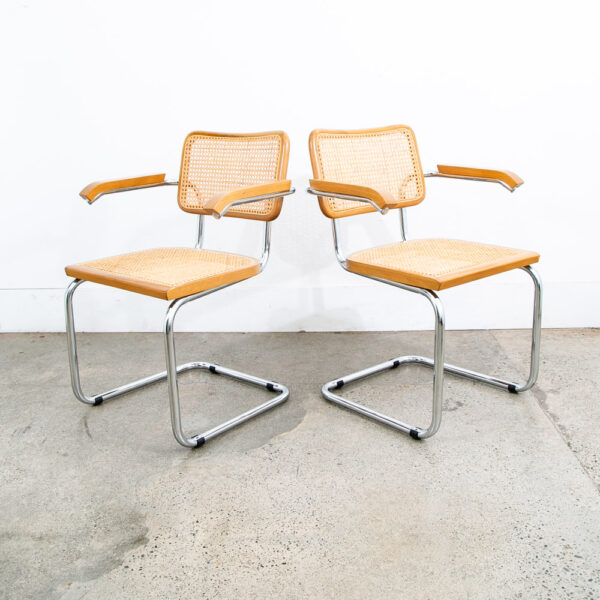Mid Century Modern Dining Chairs Pair Cesca Italy Marcel Breuer Cane Armchair 2 - Image 2