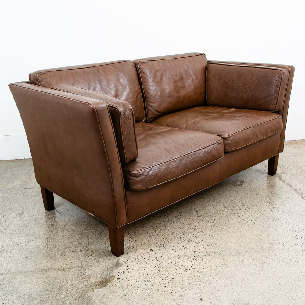 Mid Century Danish Modern Sofa Couch Brown Leather 2 Seat Settee Vintage Denmark - Image 7