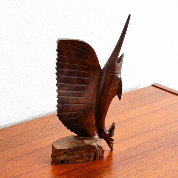 Mid Century Modern Fish Sculpture Carved Solid Rosewood Studio Made Swordfish - Image 9