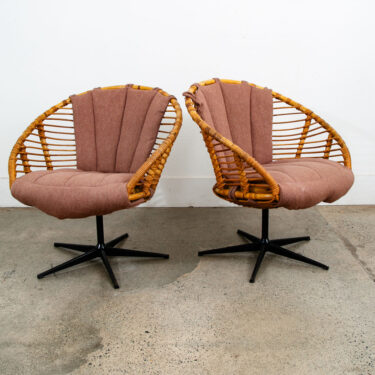 Mid Century Modern Lounge Chair Set Black Swivel Rattan Pink Rose Fabric Denmark