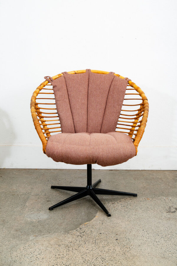 Mid Century Modern Lounge Chair Set Black Swivel Rattan Pink Rose Fabric Denmark - Image 5