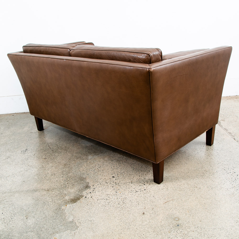 Mid Century Danish Modern Sofa Couch Brown Leather 2 Seat Settee Vintage Denmark - Image 4