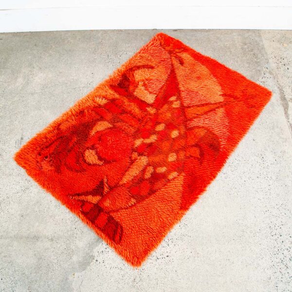 Mid Century Modern Shag Rug Ege Rya Abstract Red Orange Rooster 51x34 Wool - Image 11