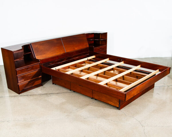 Mid Century Modern Bedframe Bed Head Board Queen Solid Mahogany Floating Drawers