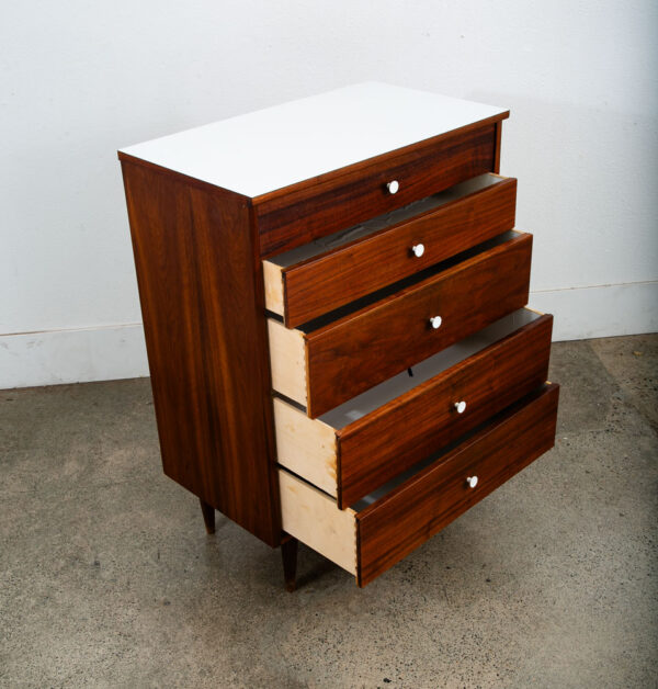 Mid Century Modern Dresser Highboy 5 Drawer Walnut American White Trim Vintage - Image 4