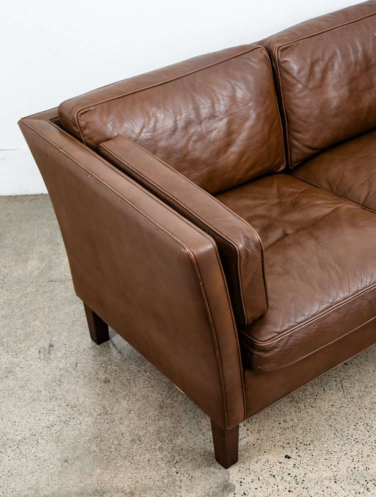 Mid Century Danish Modern Sofa Couch Brown Leather 2 Seat Settee Vintage Denmark - Image 11