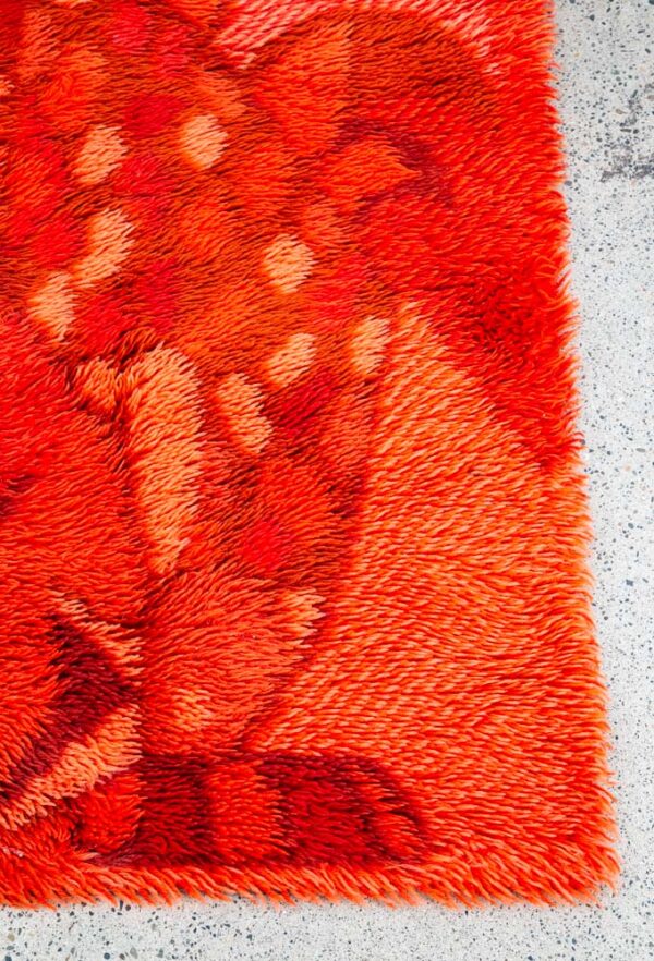 Mid Century Modern Shag Rug Ege Rya Abstract Red Orange Rooster 51x34 Wool - Image 9