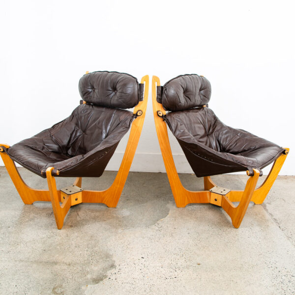 Mid Century Danish Modern Lounge Chairs Set Brown Leather Luna Odd Knutsen 2 Two - Image 2