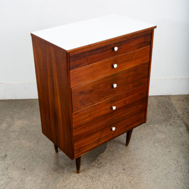 Mid Century Modern Dresser Highboy 5 Drawer Walnut American White Trim Vintage