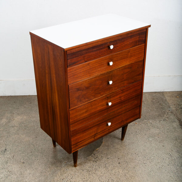 Mid Century Modern Dresser Highboy 5 Drawer Walnut American White Trim Vintage
