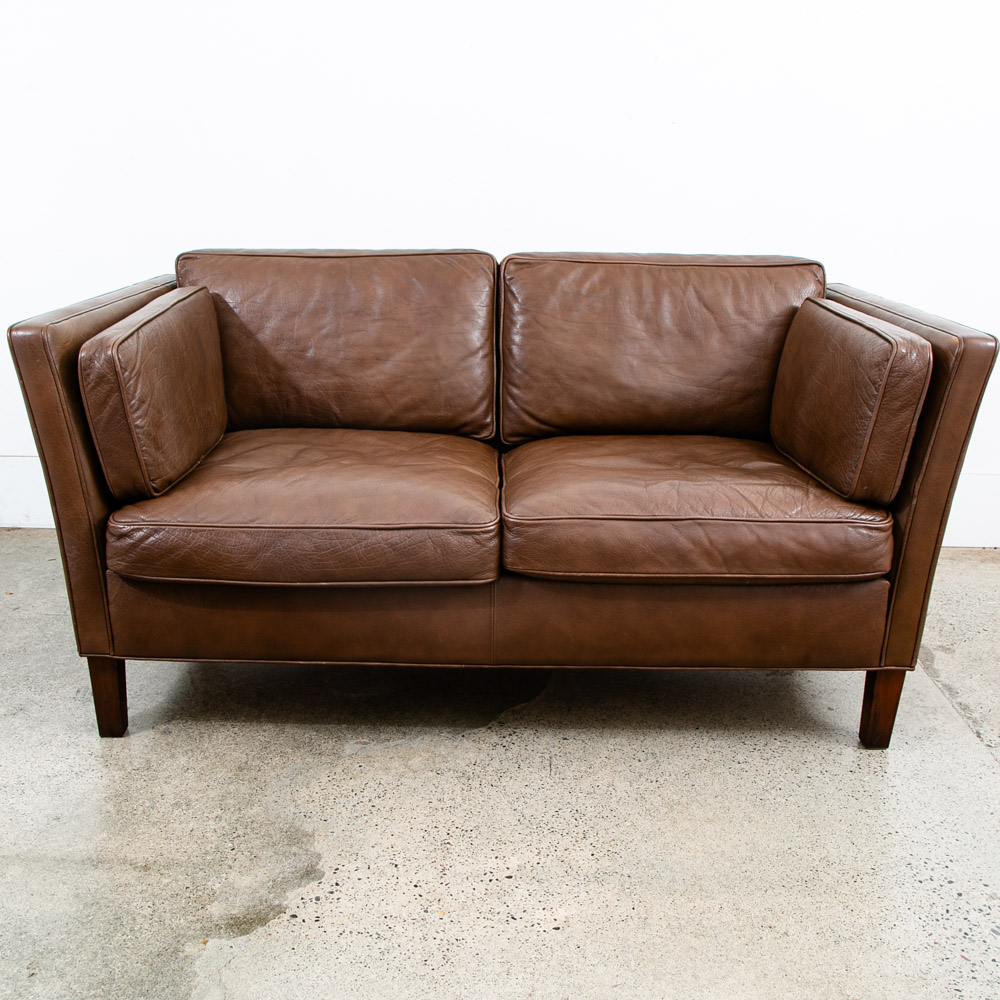 Mid Century Danish Modern Sofa Couch Brown Leather 2 Seat Settee Vintage Denmark - Image 2