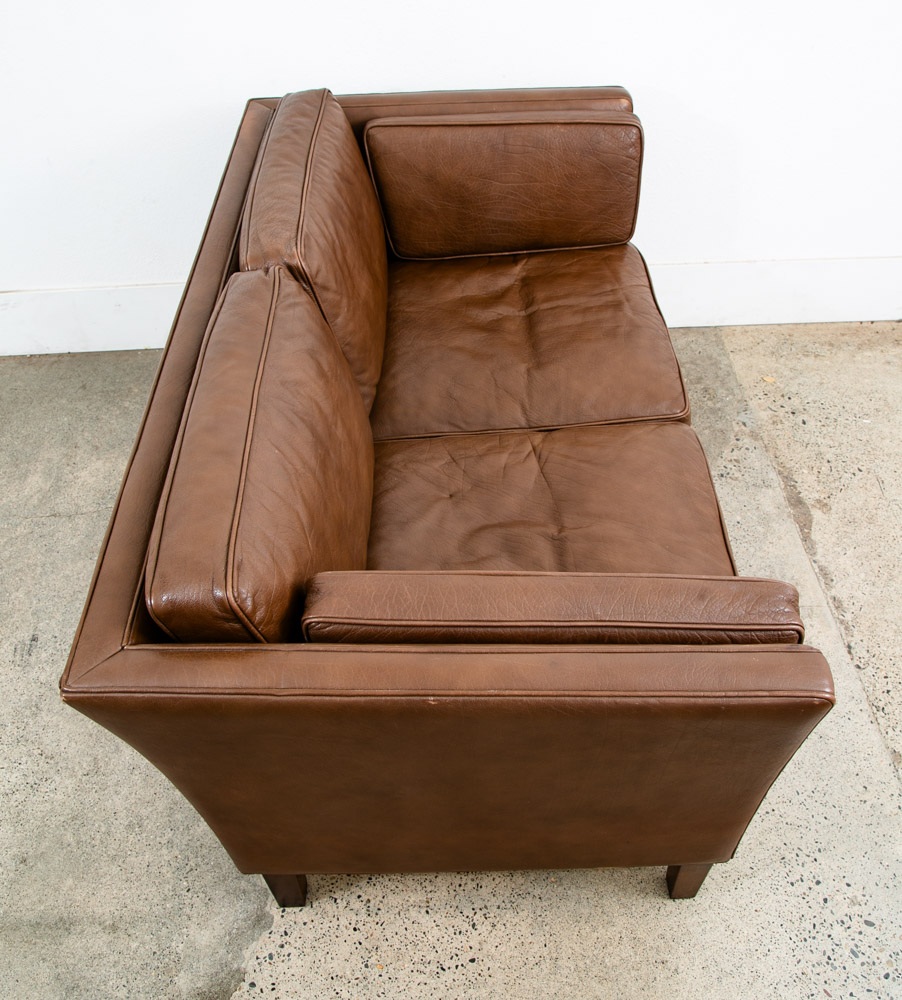Mid Century Danish Modern Sofa Couch Brown Leather 2 Seat Settee Vintage Denmark - Image 3