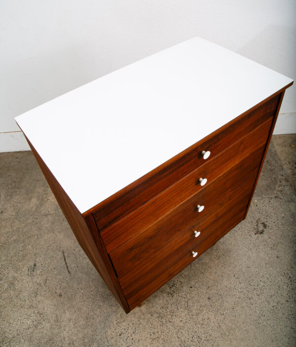 Mid Century Modern Dresser Highboy 5 Drawer Walnut American White Trim Vintage - Image 8