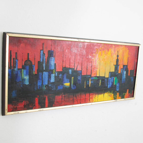 Mid Century Modern Danish Painting Art Abstract landscape Frame Cityscape rectangular frame - Image 2