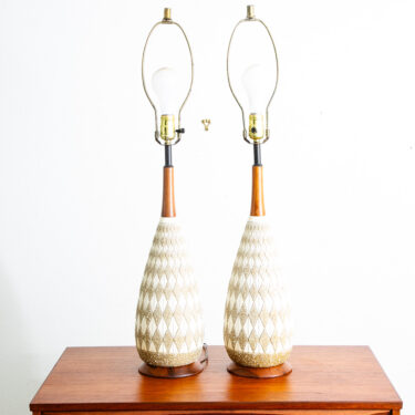Mid Century Modern Lamp Set Walnut Ceramic Wood Pair Tall Table Vintage Light 2