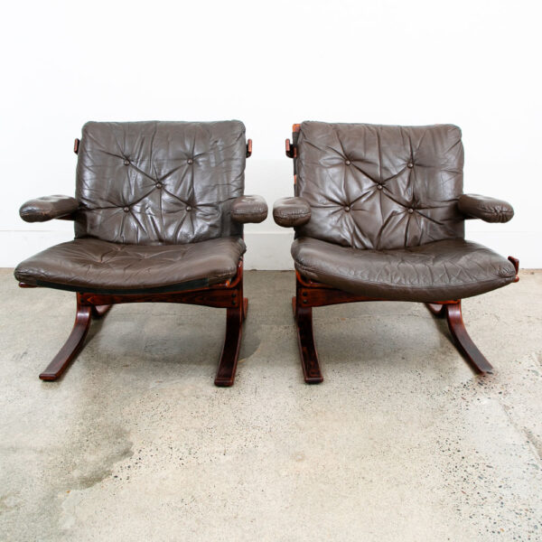 Mid Century Danish Modern Lounge Chairs Brown Leather Tufted Armchairs Pair Two - Image 4