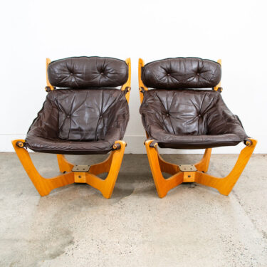 Mid Century Danish Modern Lounge Chairs Set Brown Leather Luna Odd Knutsen 2 Two