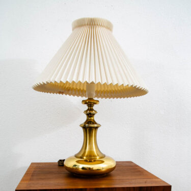 Mid Century Modern Brass Table Lamp Round White Pleated Shade Danish Vintage