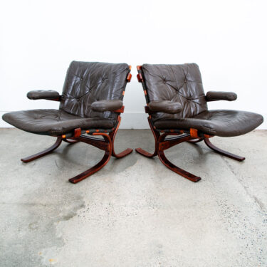 Mid Century Danish Modern Lounge Chairs Brown Leather Tufted Armchairs Pair Two