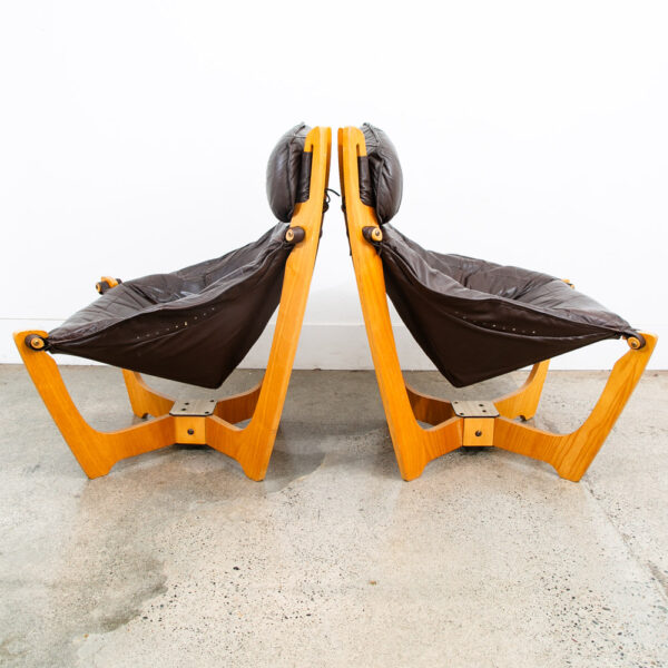 Mid Century Danish Modern Lounge Chairs Set Brown Leather Luna Odd Knutsen 2 Two - Image 3
