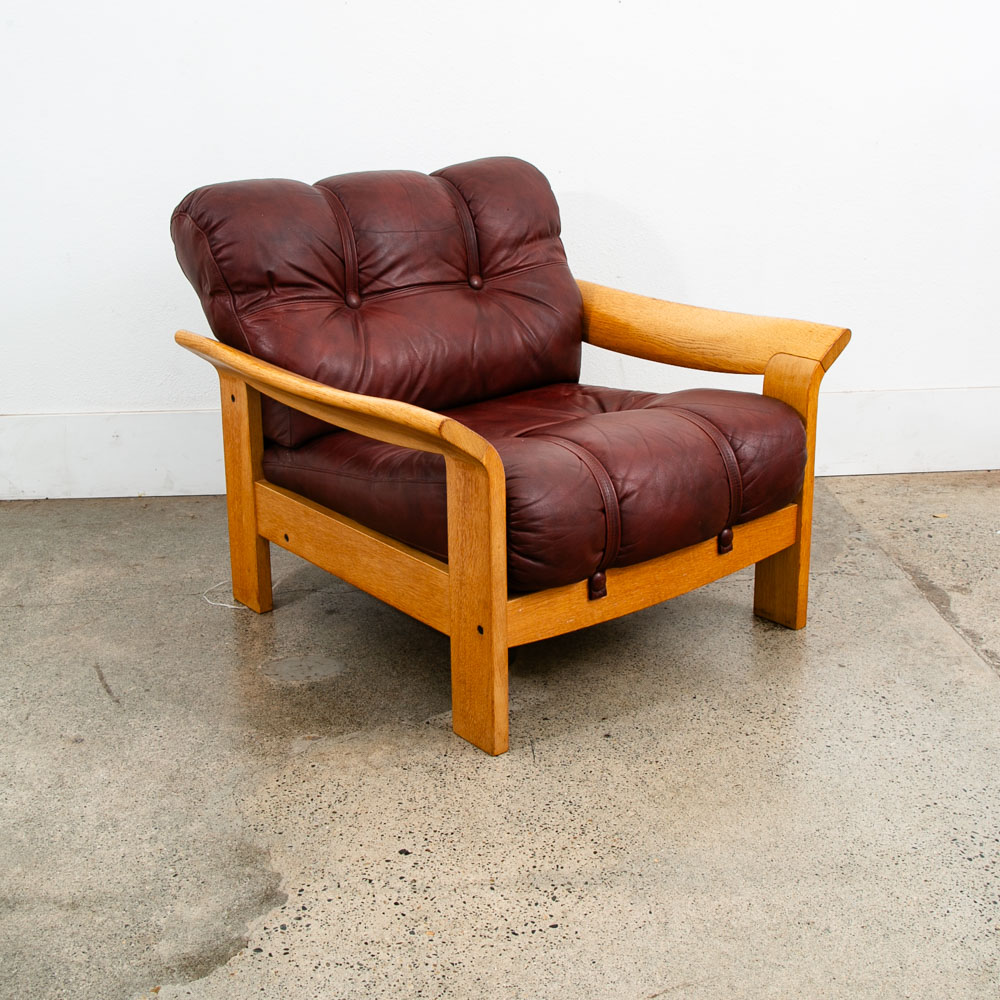 Mid Century Danish Modern Lounge Chair Oxblood Red Leather Armchair White Oak