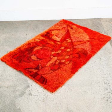 Mid Century Modern Shag Rug Ege Rya Abstract Red Orange Rooster 51x34 Wool