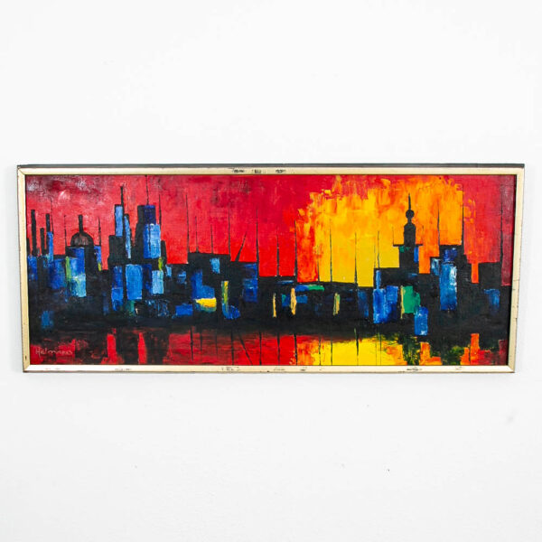 Mid Century Modern Danish Painting Art Abstract landscape Frame Cityscape rectangular frame