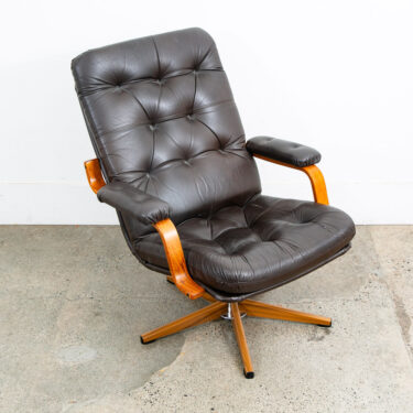 Mid Century Danish Modern Lounge Chair Dark Brown Leather Swivel Tufted Armchair