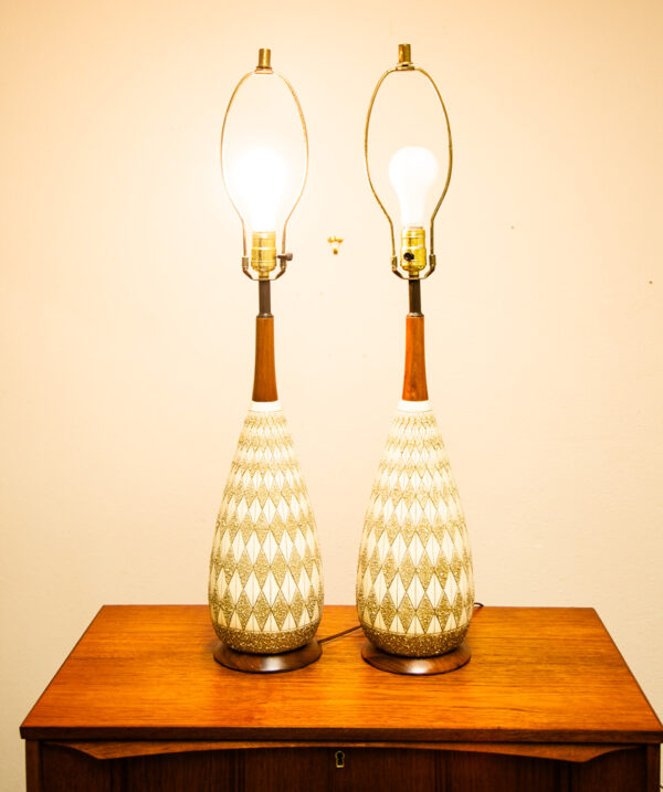 Mid Century Modern Lamp Set Walnut Ceramic Wood Pair Tall Table Vintage Light 2 - Image 2