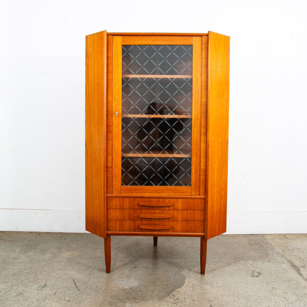 Mid Century Danish Modern Corner Cabinet Teak Wood Bar Denmark Drawers Glass Mcm - Image 2