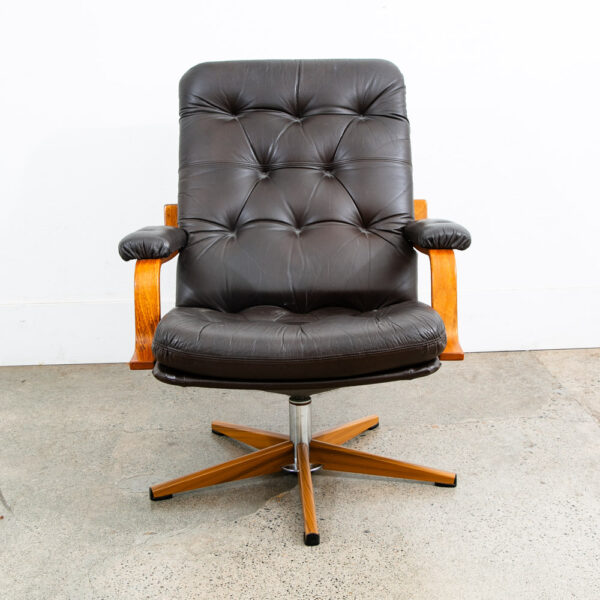 Mid Century Danish Modern Lounge Chair Dark Brown Leather Swivel Tufted Armchair - Image 10