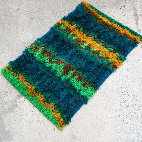 Mid Century Danish Modern Shag Rug Tapestry Ege Rya Abstract Blue Green 28x44 - Image 3