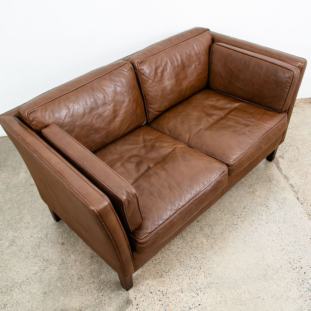 Mid Century Danish Modern Sofa Couch Brown Leather 2 Seat Settee Vintage Denmark - Image 8