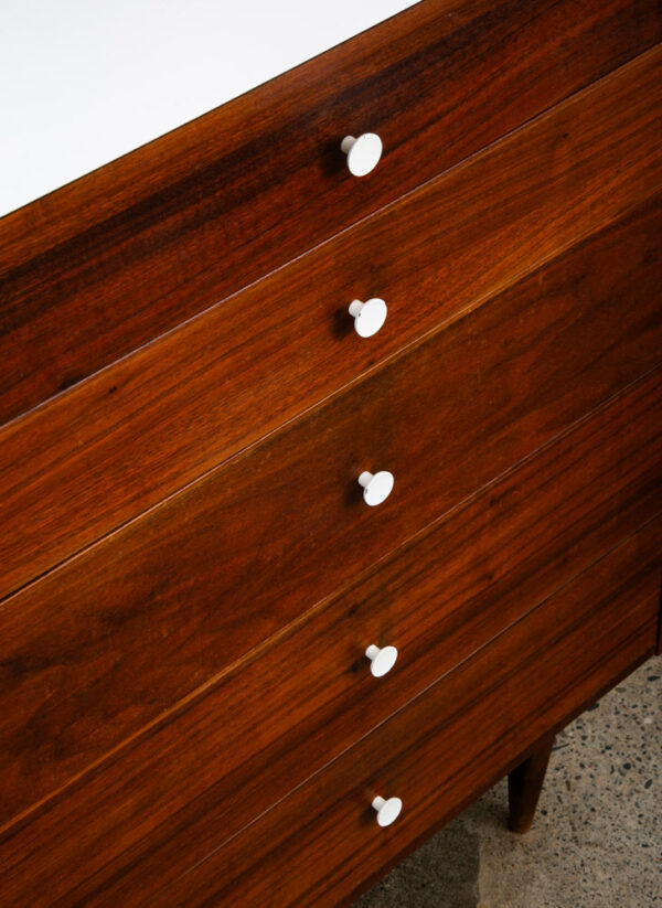 Mid Century Modern Dresser Highboy 5 Drawer Walnut American White Trim Vintage - Image 12