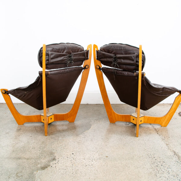 Mid Century Danish Modern Lounge Chairs Set Brown Leather Luna Odd Knutsen 2 Two - Image 4