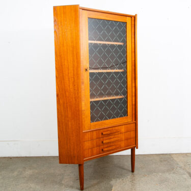 Mid Century Danish Modern Corner Cabinet Teak Wood Bar Denmark Drawers Glass Mcm