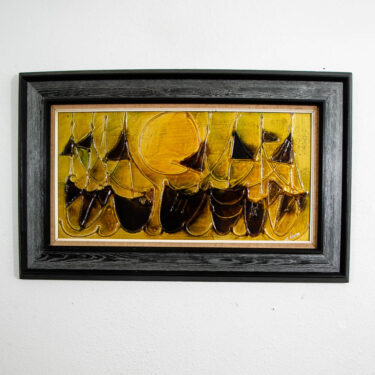 Mid Century Modern Painting Art Abstract Expressionism Gold Green Brown with Black Frame Mcm