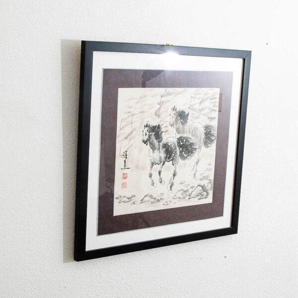 Framed Vintage Japanese Ink Wash Print Two Horses Japanese Stamped Print Art - Image 3