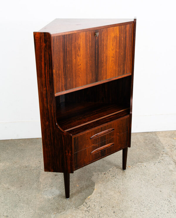 Mid Century Danish Modern Corner Cabinet Rosewood Bar Denmark Drawers Locking VG - Image 2